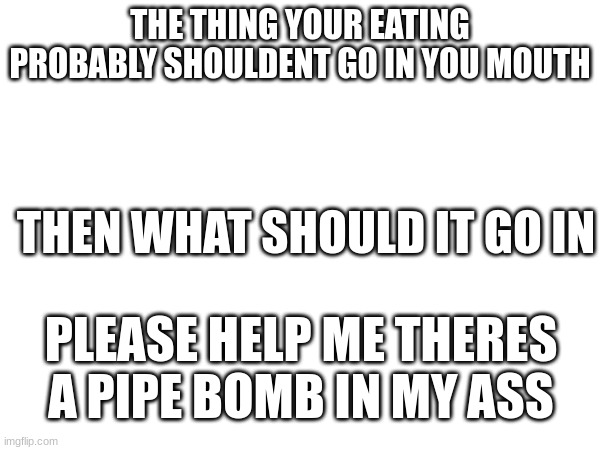 help | THE THING YOUR EATING PROBABLY SHOULDENT GO IN YOU MOUTH; THEN WHAT SHOULD IT GO IN; PLEASE HELP ME THERES A PIPE BOMB IN MY ASS | image tagged in funny | made w/ Imgflip meme maker