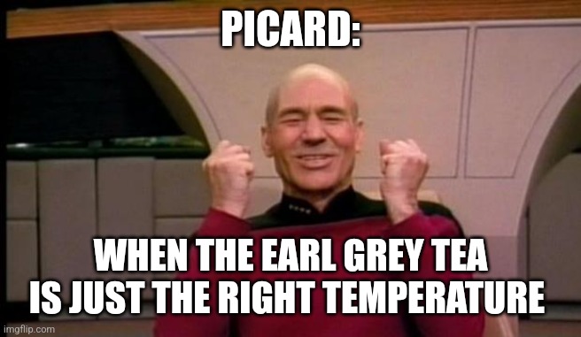 Tea, Earl grey, hot | PICARD:; WHEN THE EARL GREY TEA IS JUST THE RIGHT TEMPERATURE | image tagged in picard win,star trek | made w/ Imgflip meme maker