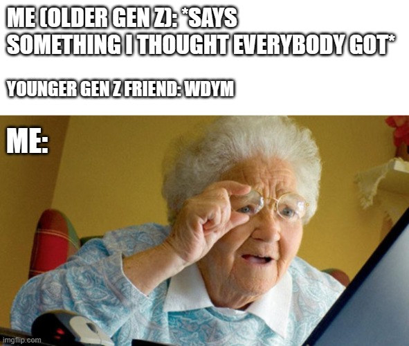 grandma computer | ME (OLDER GEN Z): *SAYS SOMETHING I THOUGHT EVERYBODY GOT*; YOUNGER GEN Z FRIEND: WDYM; ME: | image tagged in grandma computer | made w/ Imgflip meme maker