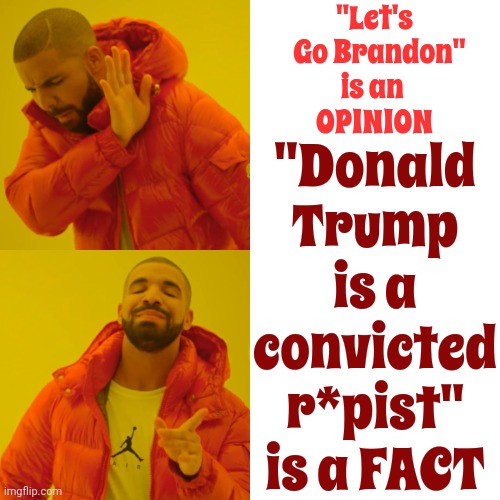 Fact VS Opinion | "Let's   Go Brandon"
is an 
OPINION; "Donald Trump
is a convicted r*pist"
is a FACT | image tagged in memes,drake hotline bling,fact,opinion,lock him up,trump unfit unqualified dangerous | made w/ Imgflip meme maker