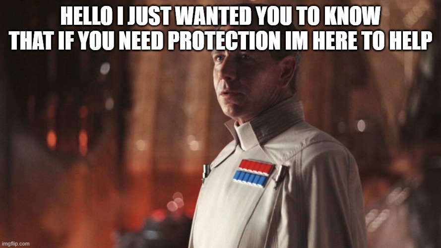 director krennic | HELLO I JUST WANTED YOU TO KNOW THAT IF YOU NEED PROTECTION IM HERE TO HELP | image tagged in director krennic | made w/ Imgflip meme maker