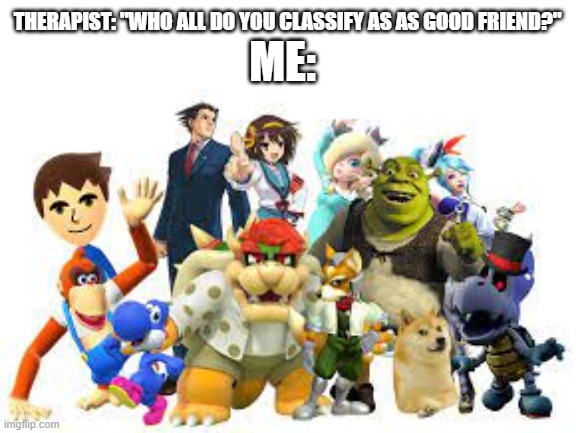 ME:; THERAPIST: "WHO ALL DO YOU CLASSIFY AS AS GOOD FRIEND?" | image tagged in ermii,kart,ds | made w/ Imgflip meme maker