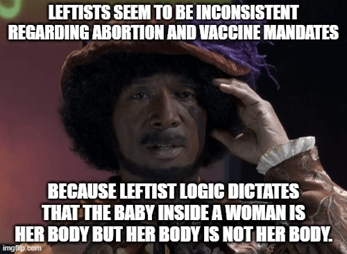 A Baby Inside a Woman Is Her Body | LEFTISTS SEEM TO BE INCONSISTENT REGARDING ABORTION AND VACCINE MANDATES; BECAUSE LEFTIST LOGIC DICTATES THAT THE BABY INSIDE A WOMAN IS HER BODY BUT HER BODY IS NOT HER BODY. | image tagged in negrodamus,leftist logic,abortion,vaccines | made w/ Imgflip meme maker