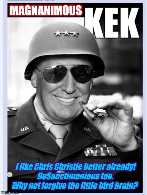 Our Fearless Leader Salutes All Americans!  #TRUMPWON | MAGNANIMOUS; I like Chris Christie better already!
DeSanctimonious too.
Why not forgive the little bird brain? | image tagged in magnanimous,kekistan,patton salutes you,president trump,maga,the great awakening | made w/ Imgflip meme maker