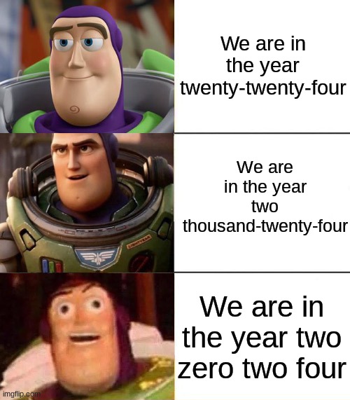 how do you guys say it? | We are in the year twenty-twenty-four; We are in the year two thousand-twenty-four; We are in the year two zero two four | image tagged in better best blurst lightyear edition | made w/ Imgflip meme maker