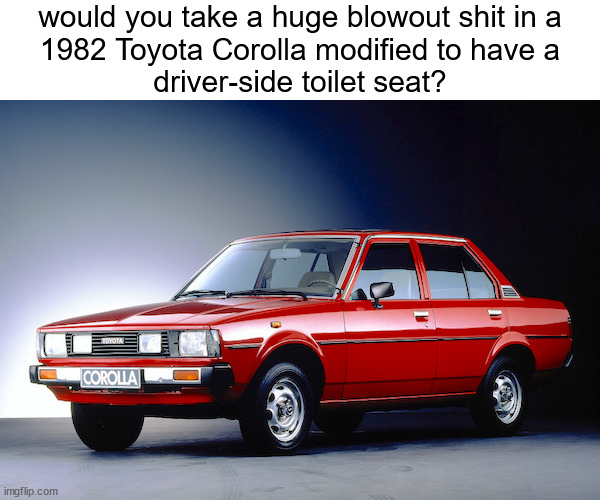 so many decisions to make | would you take a huge blowout shit in a
1982 Toyota Corolla modified to have a
driver-side toilet seat? | image tagged in car,farting,poop,toilet,memes,oj simpson police chase | made w/ Imgflip meme maker