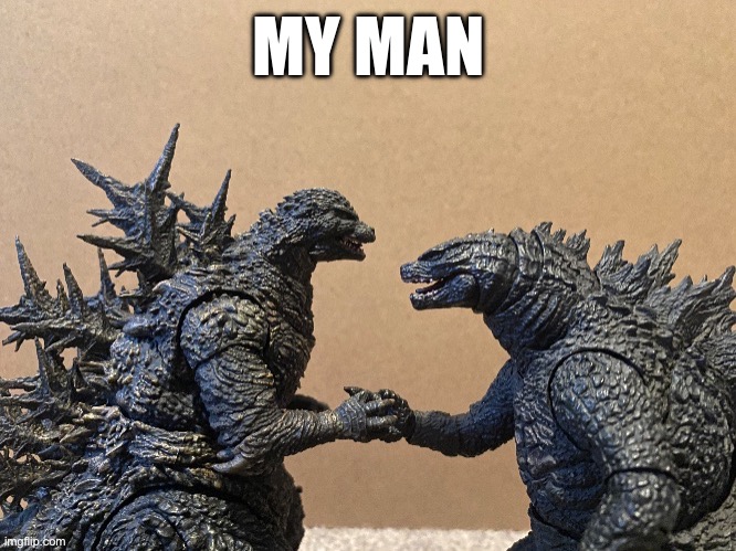 MY MAN | image tagged in godzilla shaking hands | made w/ Imgflip meme maker