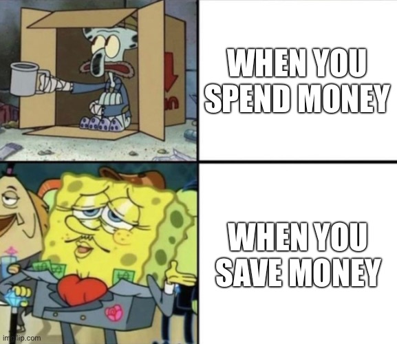 Poor Squidward vs Rich Spongebob | WHEN YOU SPEND MONEY WHEN YOU SAVE MONEY | image tagged in poor squidward vs rich spongebob | made w/ Imgflip meme maker