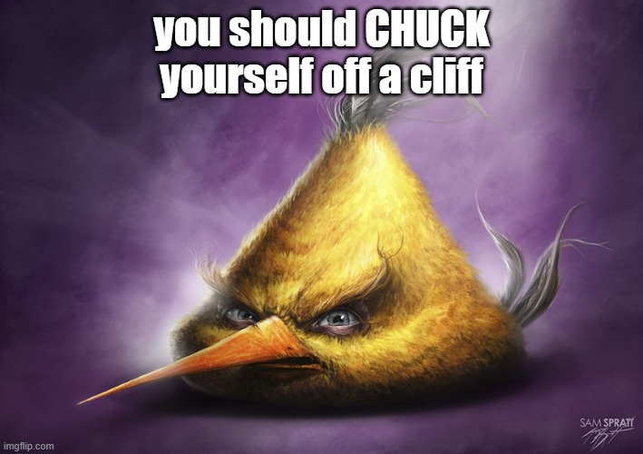 Realistic yellow angry bird | you should CHUCK yourself off a cliff | image tagged in realistic yellow angry bird | made w/ Imgflip meme maker