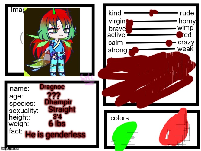 Thing | Dragnoc; ??? Dhampir; Straight; 3'4; 6 lbs; He is genderless | image tagged in oc list thing by sylcmori | made w/ Imgflip meme maker