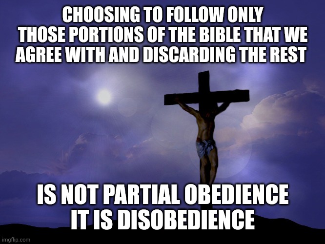 Partial obedience | CHOOSING TO FOLLOW ONLY THOSE PORTIONS OF THE BIBLE THAT WE AGREE WITH AND DISCARDING THE REST; IS NOT PARTIAL OBEDIENCE
IT IS DISOBEDIENCE | image tagged in partial obedience | made w/ Imgflip meme maker