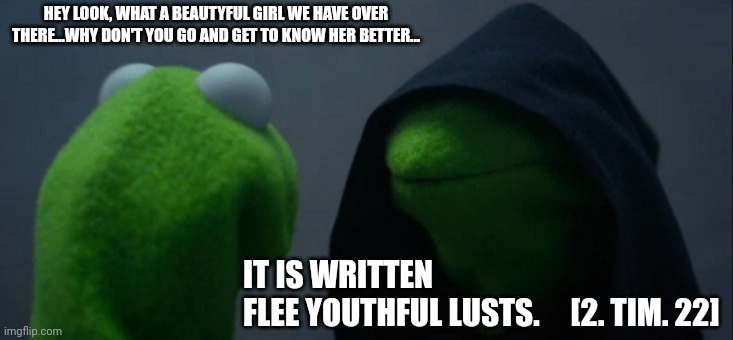 Evil Kermit Meme | HEY LOOK, WHAT A BEAUTYFUL GIRL WE HAVE OVER THERE...WHY DON'T YOU GO AND GET TO KNOW HER BETTER... IT IS WRITTEN
FLEE YOUTHFUL LUSTS.     [2. TIM. 22] | image tagged in memes,evil kermit | made w/ Imgflip meme maker