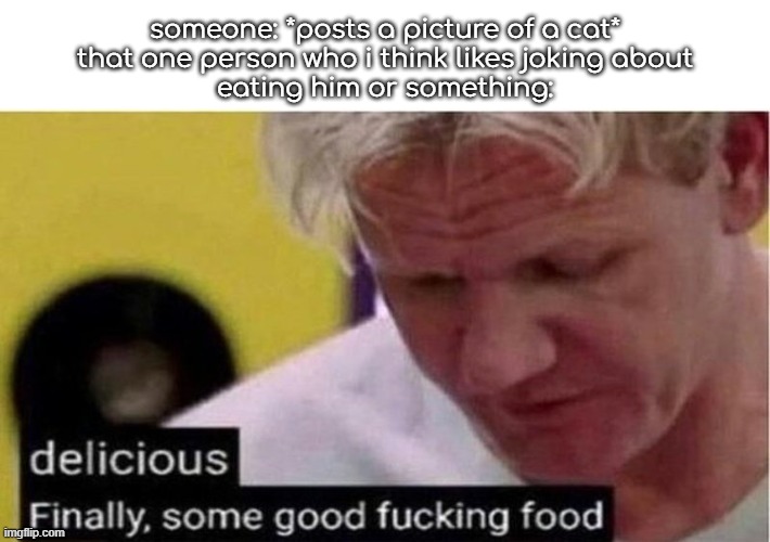 Gordon Ramsay some good food | someone: *posts a picture of a cat*
that one person who i think likes joking about
eating him or something: | image tagged in gordon ramsay some good food | made w/ Imgflip meme maker