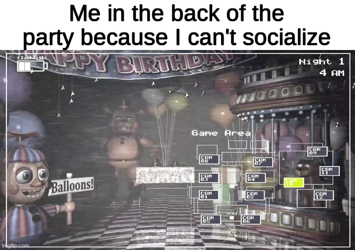When you stay in the back of the room because you can't socialize | Me in the back of the party because I can't socialize | image tagged in five nights at freddys,fnaf2,fnaf 2,five nights at freddy's 2 | made w/ Imgflip meme maker