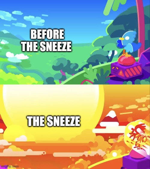 The sneeze | BEFORE THE SNEEZE; THE SNEEZE | image tagged in kurzgesagt explosion | made w/ Imgflip meme maker