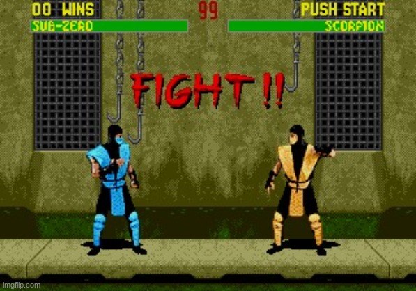 who's winning SubZero (guy in blue) or Scorpion (guy in yellow) | image tagged in fight | made w/ Imgflip meme maker