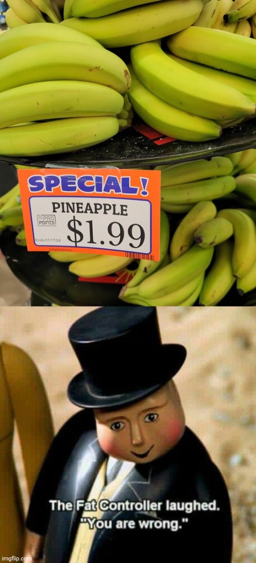 Pineapple, sure | image tagged in the fat controller laughed,bananas,pineapple,banana,you had one job,memes | made w/ Imgflip meme maker