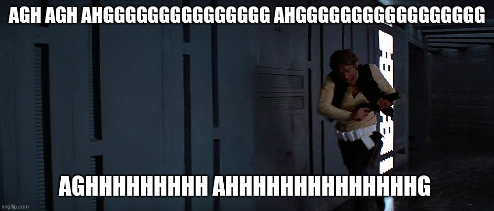 Aghhhhhh | AGH AGH AHGGGGGGGGGGGGGGG AHGGGGGGGGGGGGGGGGG; AGHHHHHHHHH AHHHHHHHHHHHHHHG | image tagged in han solo running | made w/ Imgflip meme maker