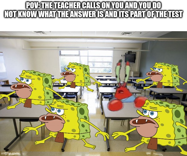 WOAH WAIT A MINUTE | POV: THE TEACHER CALLS ON YOU AND YOU DO NOT KNOW WHAT THE ANSWER IS AND ITS PART OF THE TEST | image tagged in empty classroom,mr crabs | made w/ Imgflip meme maker