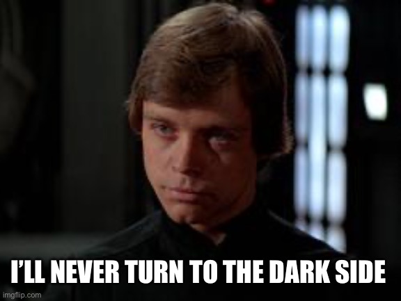 Luke Skywalker | I’LL NEVER TURN TO THE DARK SIDE | image tagged in luke skywalker | made w/ Imgflip meme maker