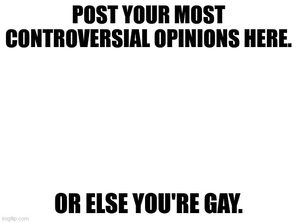 Post em. | POST YOUR MOST CONTROVERSIAL OPINIONS HERE. OR ELSE YOU'RE GAY. | made w/ Imgflip meme maker