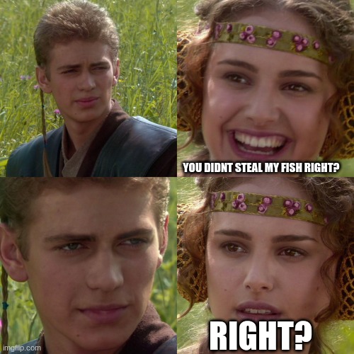 Anakin Padme 4 Panel | YOU DIDNT STEAL MY FISH RIGHT? RIGHT? | image tagged in anakin padme 4 panel | made w/ Imgflip meme maker