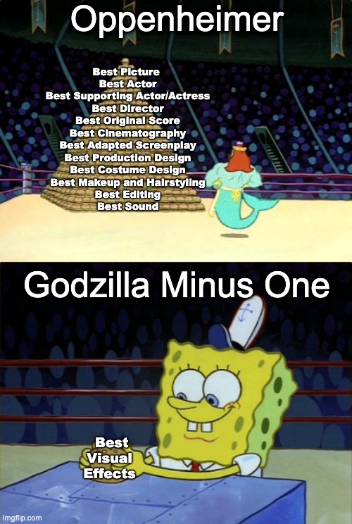 spongebob krabby patty | Oppenheimer; Best Picture 
Best Actor
Best Supporting Actor/Actress
Best Director
Best Original Score
Best Cinematography
Best Adapted Screenplay
Best Production Design
Best Costume Design
Best Makeup and Hairstyling
Best Editing
Best Sound; Godzilla Minus One; Best Visual Effects | image tagged in spongebob krabby patty | made w/ Imgflip meme maker