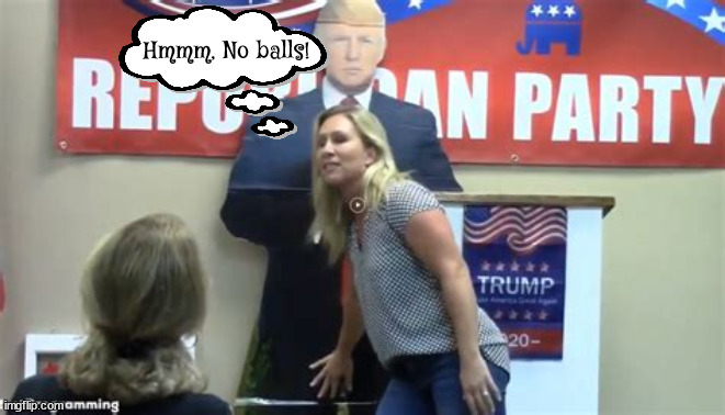 Ball collector | Hmmm, No balls! | image tagged in majorie taylor,trump,cutout,maga,holy balls,no balls | made w/ Imgflip meme maker