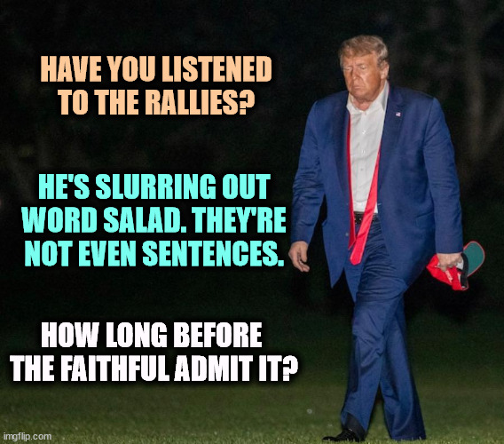 The strongman is getting weaker. | HAVE YOU LISTENED TO THE RALLIES? HE'S SLURRING OUT WORD SALAD. THEY'RE NOT EVEN SENTENCES. HOW LONG BEFORE 
THE FAITHFUL ADMIT IT? | image tagged in sad man trump,old,tired,donald trump,talk,nonsense | made w/ Imgflip meme maker