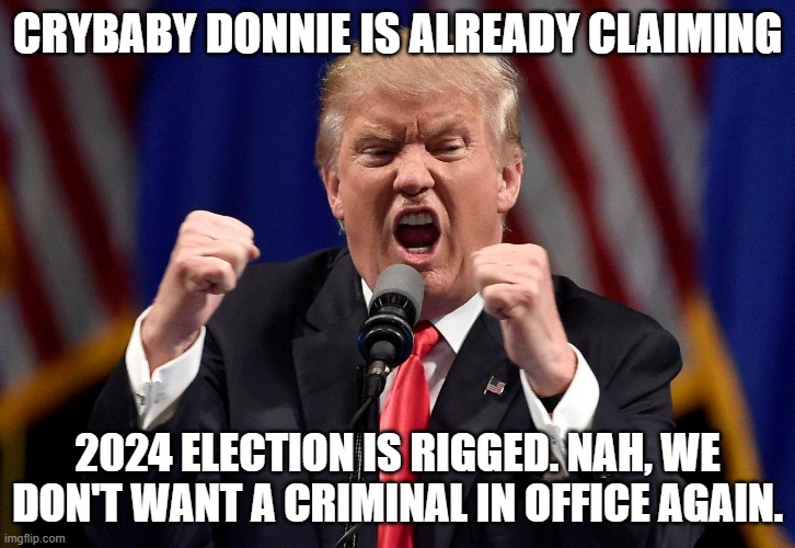 Angry Donald Trump  | CRYBABY DONNIE IS ALREADY CLAIMING; 2024 ELECTION IS RIGGED. NAH, WE DON'T WANT A CRIMINAL IN OFFICE AGAIN. | image tagged in angry donald trump | made w/ Imgflip meme maker