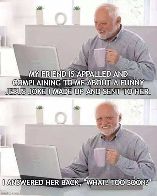 Sad Harold Jesus | MY FRIEND IS APPALLED AND COMPLAINING TO ME ABOUT A FUNNY JESUS JOKE I MADE UP AND SENT TO HER. I ANSWERED HER BACK, "WHAT? TOO SOON?" | image tagged in memes,hide the pain harold | made w/ Imgflip meme maker