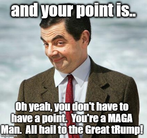 mr bean | and your point is.. Oh yeah, you don't have to have a point.  You're a MAGA Man.  All hail to the Great tRump! | image tagged in mr bean | made w/ Imgflip meme maker