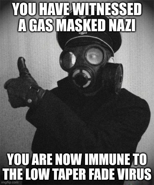 random Scheisse | YOU HAVE WITNESSED A GAS MASKED NAZI; YOU ARE NOW IMMUNE TO THE LOW TAPER FADE VIRUS | image tagged in gas masked nazi | made w/ Imgflip meme maker