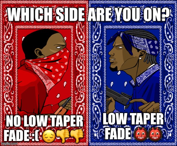 LOW TAPER FAD | NO LOW TAPER FADE :( 😔👎👎; LOW TAPER FADE 👹👹 | image tagged in which side are you on | made w/ Imgflip meme maker