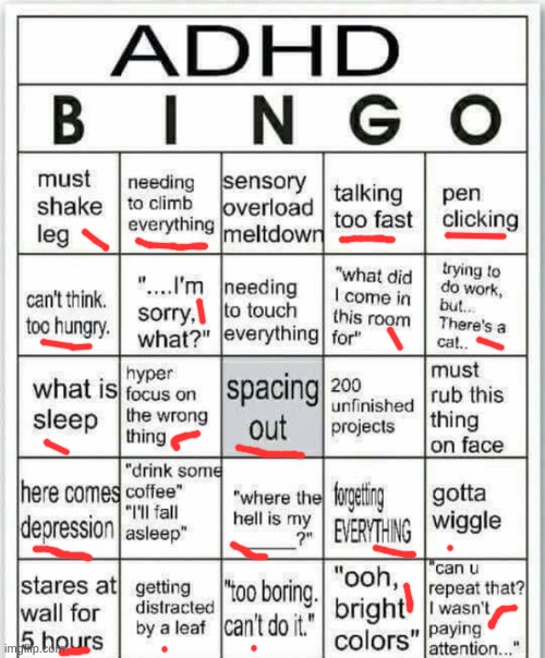 adhd :) | image tagged in adhd bingo | made w/ Imgflip meme maker