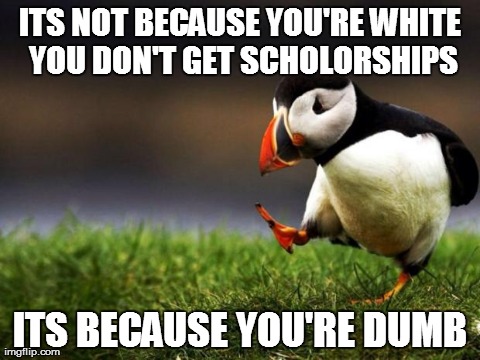 Unpopular Opinion Puffin | ITS NOT BECAUSE YOU'RE WHITE YOU DON'T GET SCHOLORSHIPS ITS BECAUSE YOU'RE DUMB | image tagged in memes,unpopular opinion puffin,AdviceAnimals | made w/ Imgflip meme maker