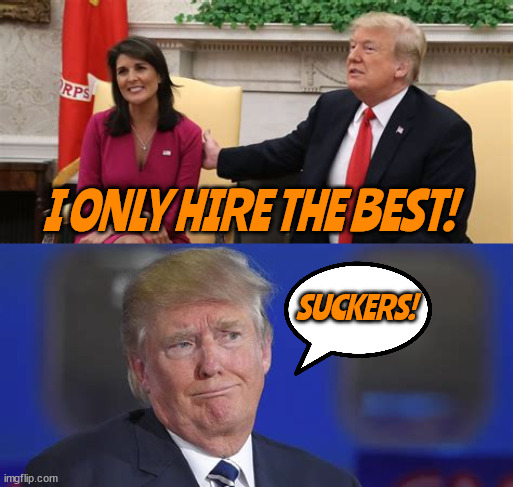 only the best... | I ONLY HIRE THE BEST! SUCKERS! | image tagged in trump suckers,maga losers,moderate voters,vote,new hampshire,nikki haley | made w/ Imgflip meme maker