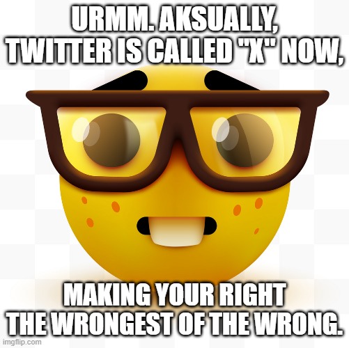 Nerd emoji | URMM. AKSUALLY, TWITTER IS CALLED "X" NOW, MAKING YOUR RIGHT THE WRONGEST OF THE WRONG. | image tagged in nerd emoji | made w/ Imgflip meme maker