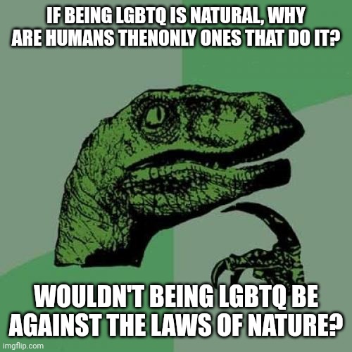 This is a genuine questipn i"ve had for a long time. Mod note: FR | IF BEING LGBTQ IS NATURAL, WHY ARE HUMANS THENONLY ONES THAT DO IT? WOULDN'T BEING LGBTQ BE AGAINST THE LAWS OF NATURE? | image tagged in memes,philosoraptor | made w/ Imgflip meme maker