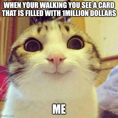 My lucky day | WHEN YOUR WALKING YOU SEE A CARD THAT IS FILLED WITH 1MILLION DOLLARS; ME | image tagged in memes,smiling cat | made w/ Imgflip meme maker