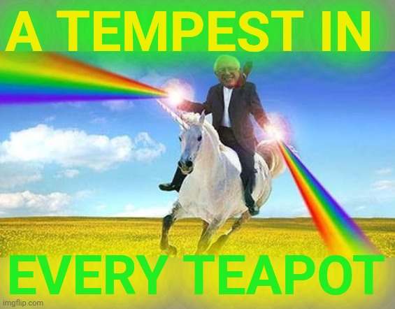 Bernie Sanders on magical unicorn | A TEMPEST IN EVERY TEAPOT | image tagged in bernie sanders on magical unicorn | made w/ Imgflip meme maker