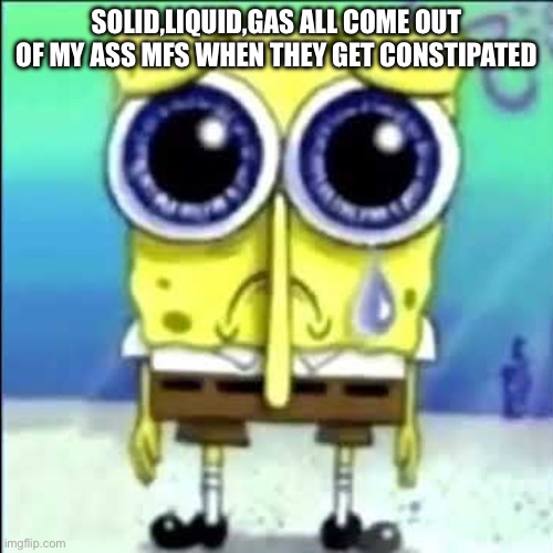 Sad Spongebob | SOLID,LIQUID,GAS ALL COME OUT OF MY ASS MFS WHEN THEY GET CONSTIPATED | image tagged in sad spongebob | made w/ Imgflip meme maker