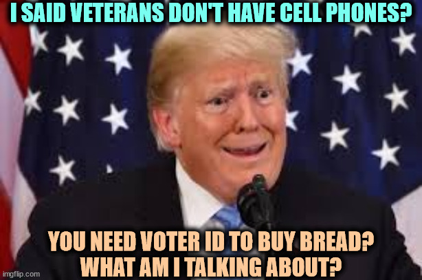 Mental acuity in freefall. | I SAID VETERANS DON'T HAVE CELL PHONES? YOU NEED VOTER ID TO BUY BREAD?
WHAT AM I TALKING ABOUT? | image tagged in trump fear tears dilated,trump,speech,nonsense,talk,garbage | made w/ Imgflip meme maker