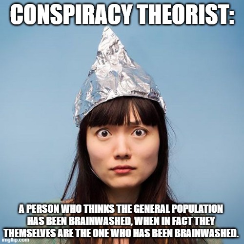 CONSPIRACY THEORIST:; A PERSON WHO THINKS THE GENERAL POPULATION HAS BEEN BRAINWASHED, WHEN IN FACT THEY THEMSELVES ARE THE ONE WHO HAS BEEN BRAINWASHED. | image tagged in tinfoil hat woman | made w/ Imgflip meme maker