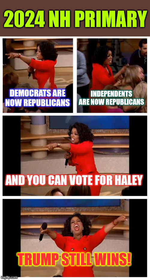 Misleadia says single digit loss for Haley is a win... NEWSFLASH... She still LOST | 2024 NH PRIMARY; DEMOCRATS ARE NOW REPUBLICANS; INDEPENDENTS ARE NOW REPUBLICANS; AND YOU CAN VOTE FOR HALEY; TRUMP STILL WINS! | image tagged in memes,big picture,trump still wins,cross voting still fails,democrat cheaters lost | made w/ Imgflip meme maker