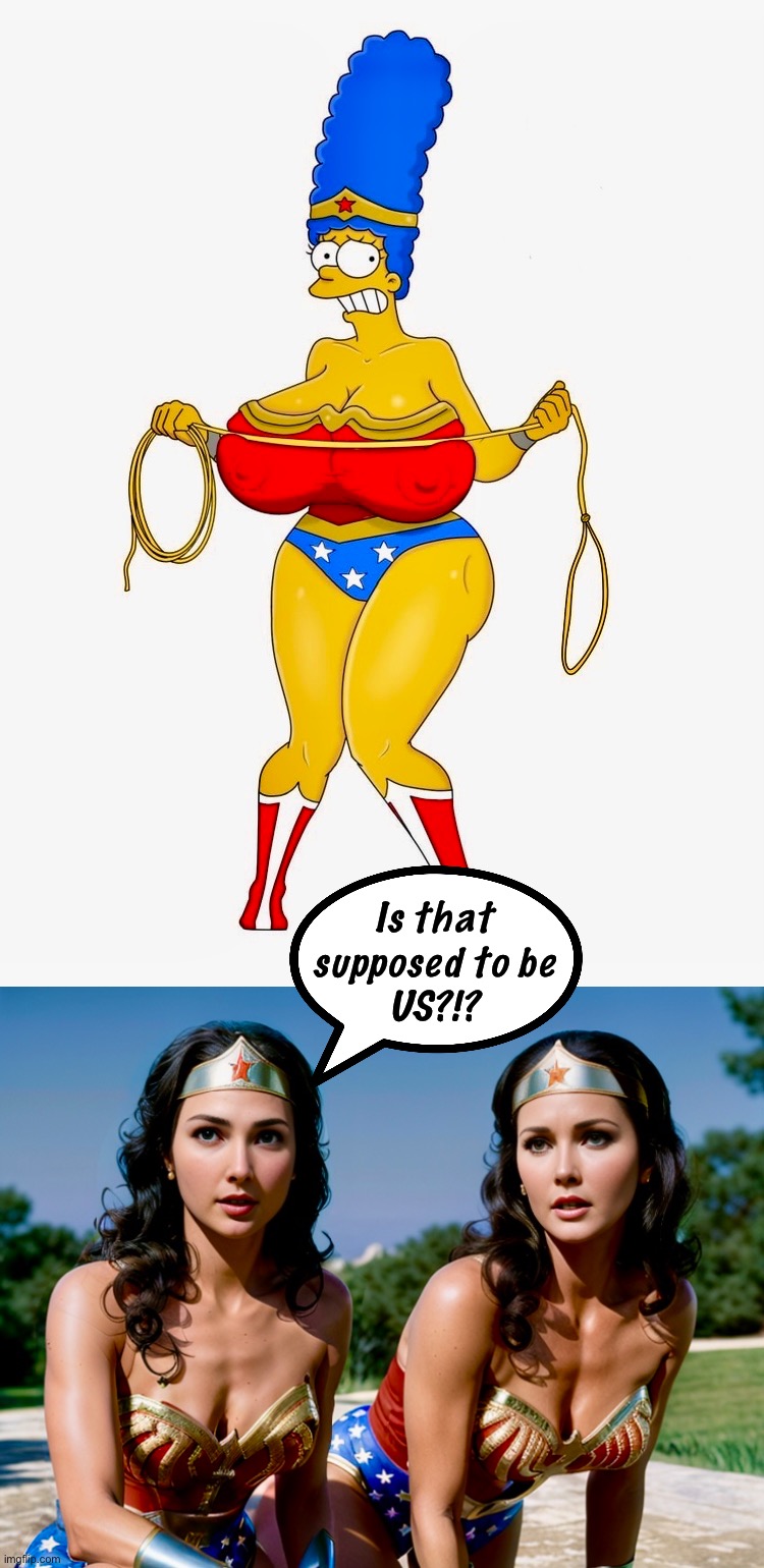 Wondering Women | Is that
supposed to be
US?!? | image tagged in marge simpson,wonder woman,memes,cosplay,the simpsons | made w/ Imgflip meme maker