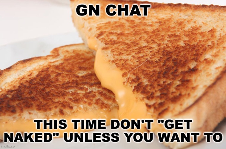 gn=get naked | GN CHAT; THIS TIME DON'T "GET NAKED" UNLESS YOU WANT TO | image tagged in grilled cheese | made w/ Imgflip meme maker