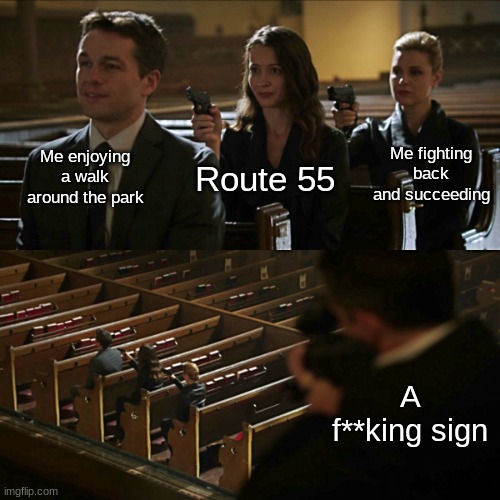I don't know why it happened to me while at the park today, but don't ask why... | Me enjoying a walk around the park; Me fighting back and succeeding; Route 55; A f**king sign | image tagged in assassination chain | made w/ Imgflip meme maker