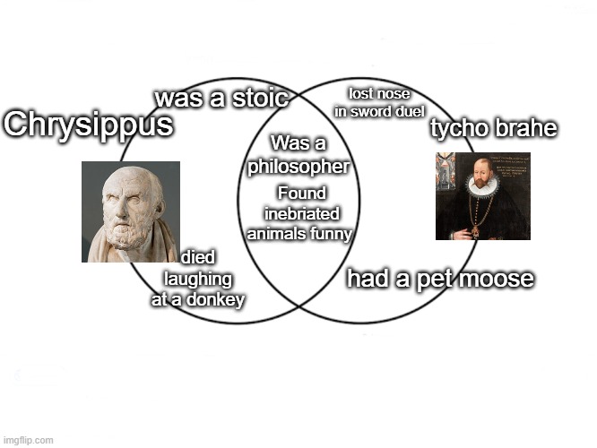 Venn diagram | Chrysippus; was a stoic; lost nose in sword duel; Was a philosopher; tycho brahe; Found inebriated animals funny; died laughing at a donkey; had a pet moose | image tagged in venn diagram | made w/ Imgflip meme maker