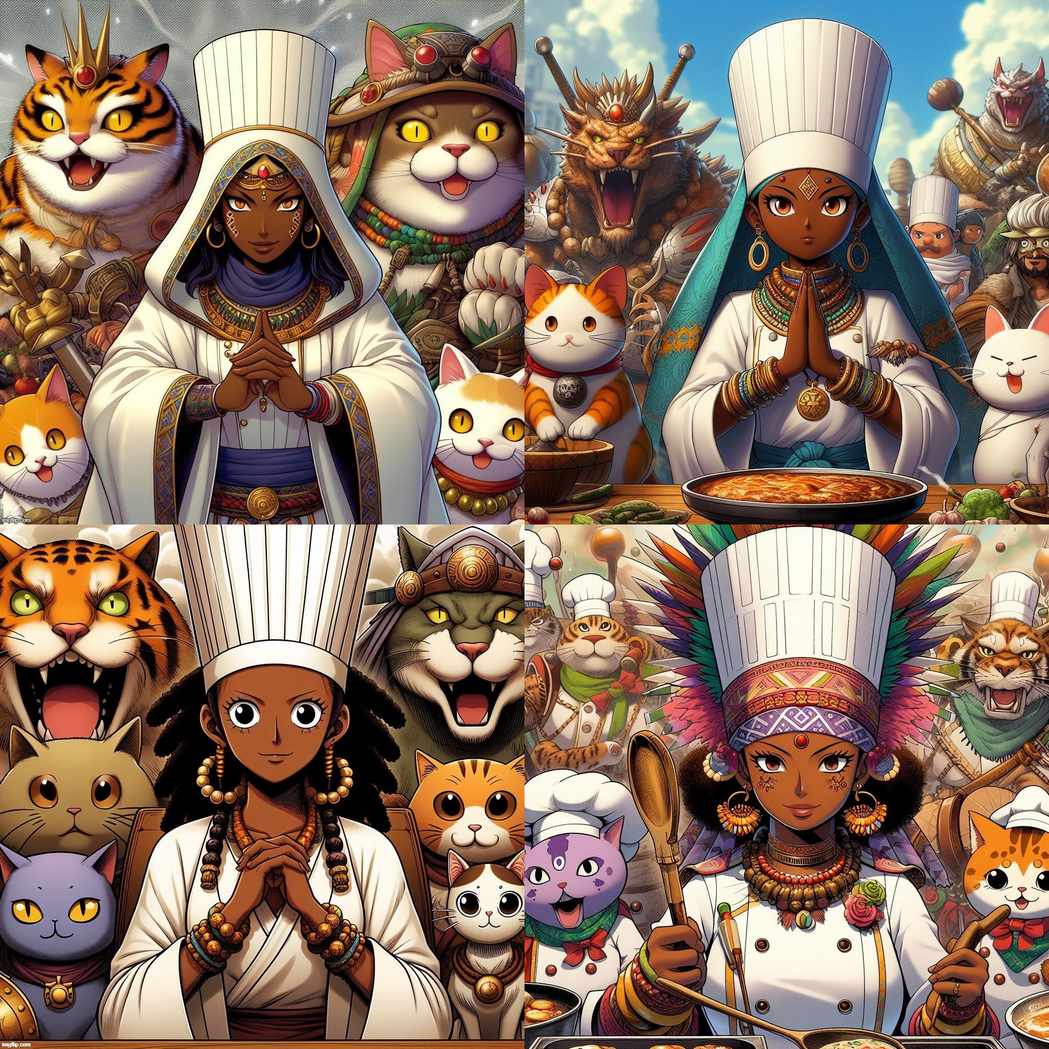Ai Bing: Anime Chef Priestess in the style of One Piece and Monster Hunter. African, Irish, & Indigenous influence to outfit. | image tagged in ai generated,one piece,monster hunter,african,irish,native american | made w/ Imgflip meme maker
